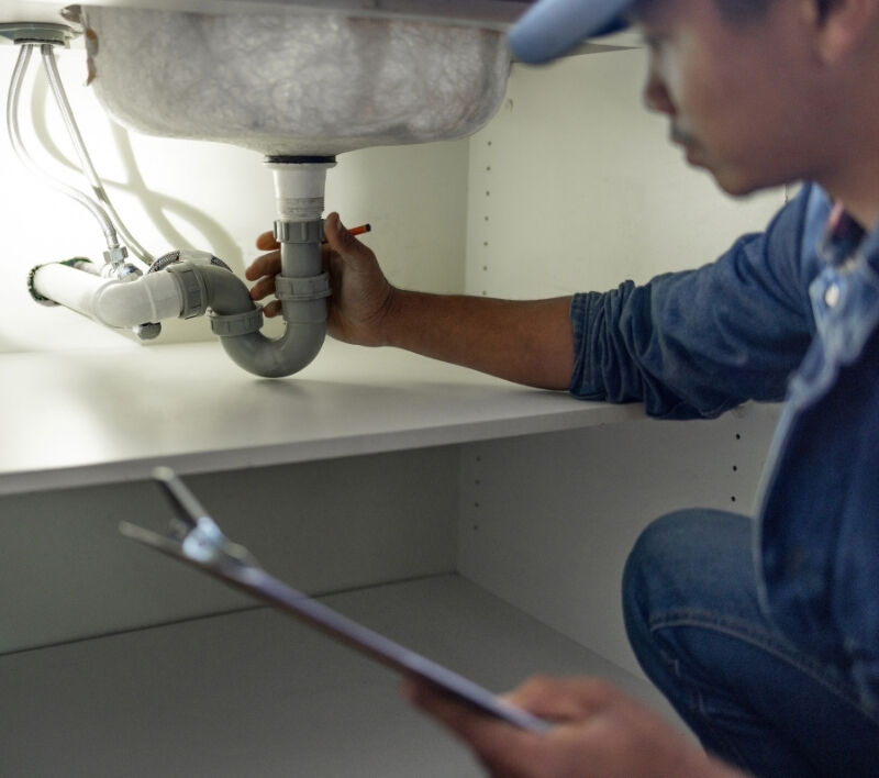 A plumber diagnosing a leak under a sink